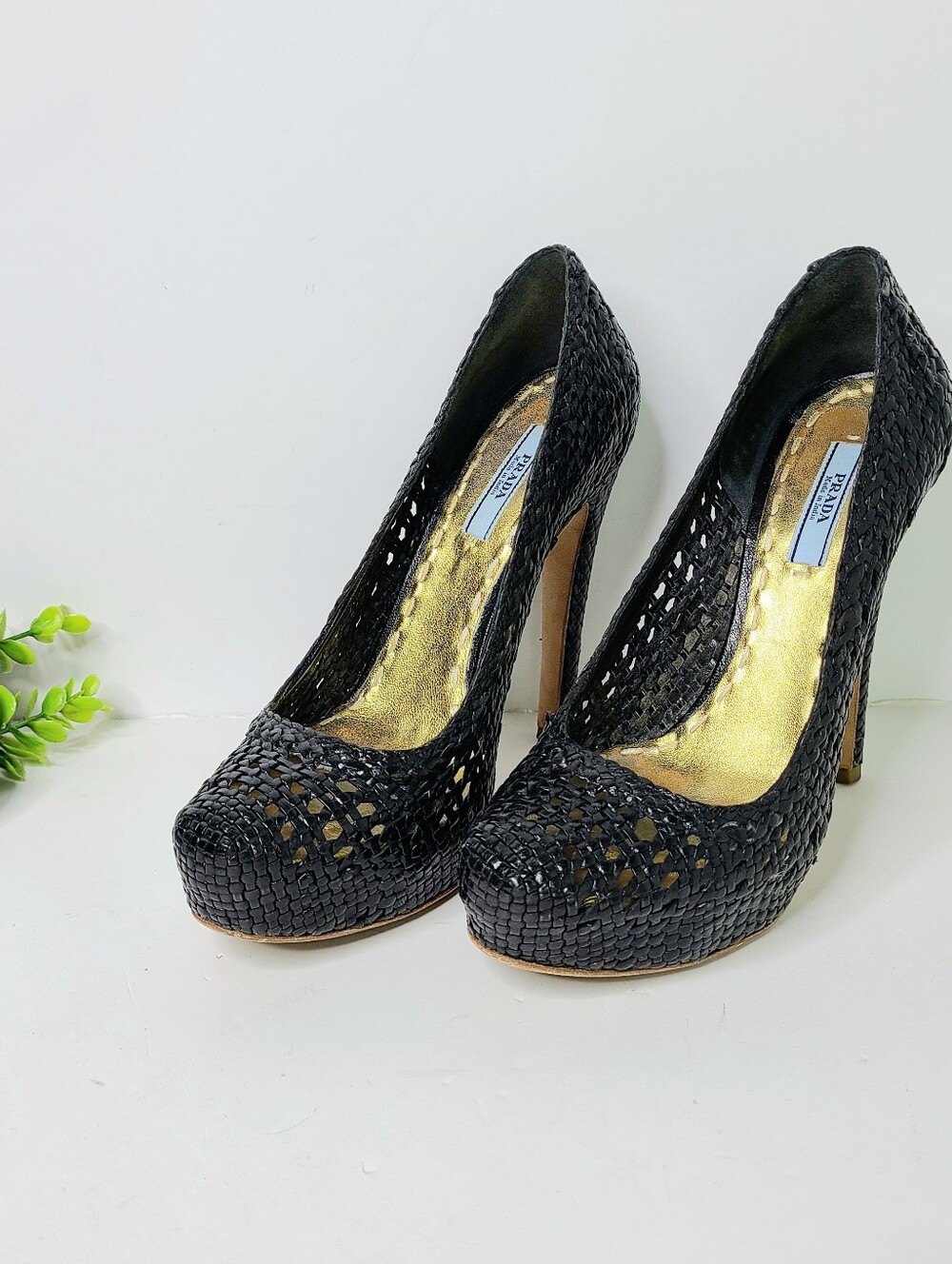 Prada Madras Black Woven Vintage Platform Pumps